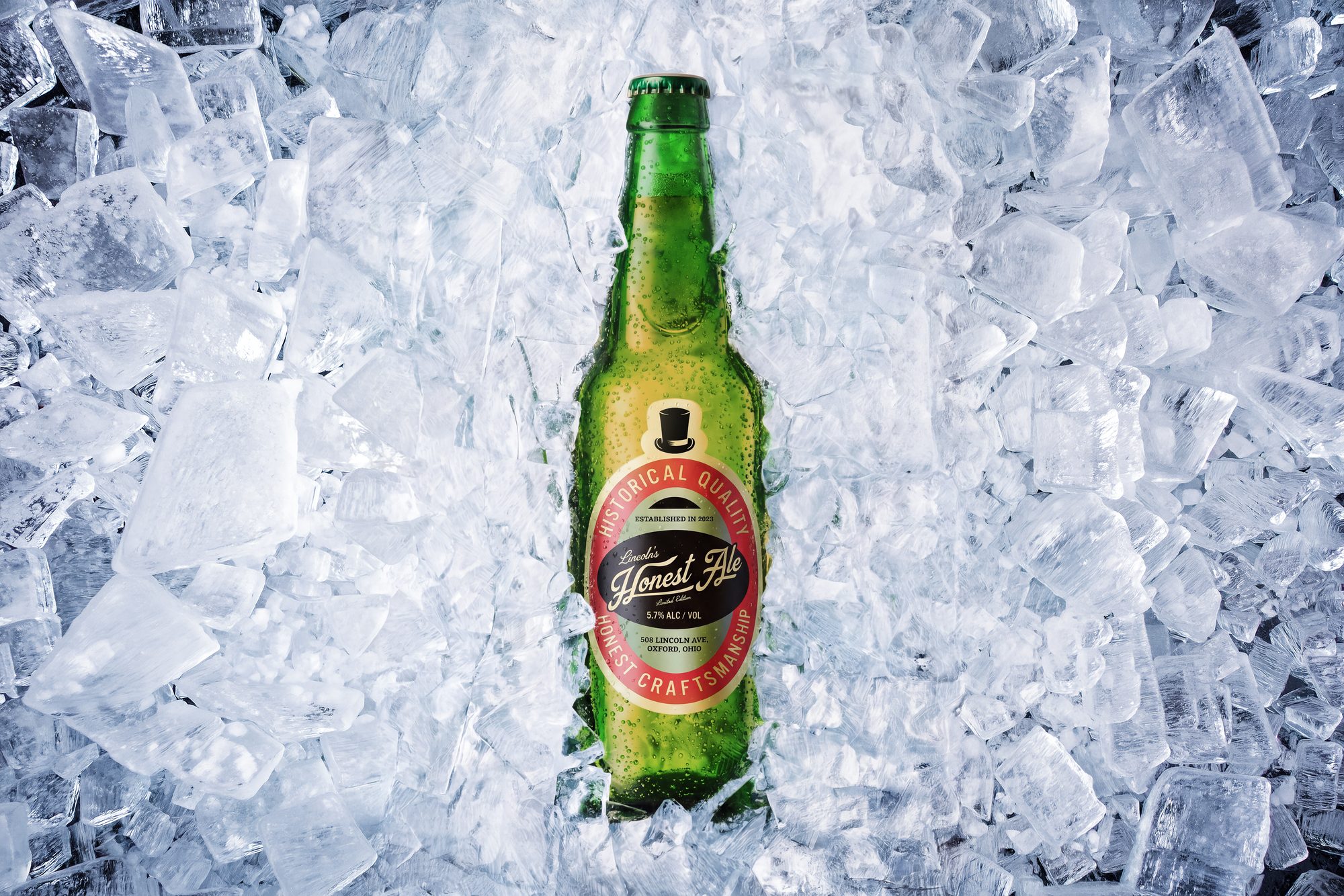 A bottle of Lincoln's Honest Ale lying in crushed ice