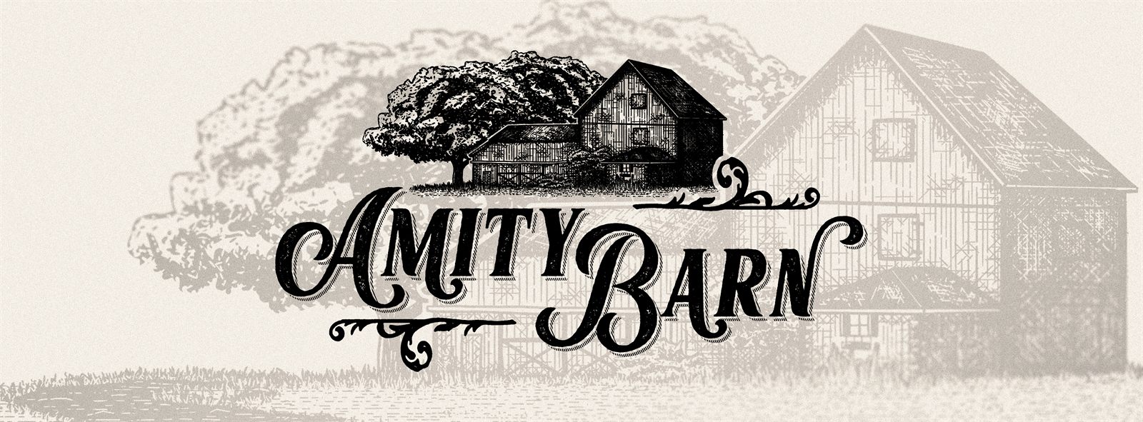 Wide Amity Barn banner lockup with the barn illustration ghosted behind the lettering