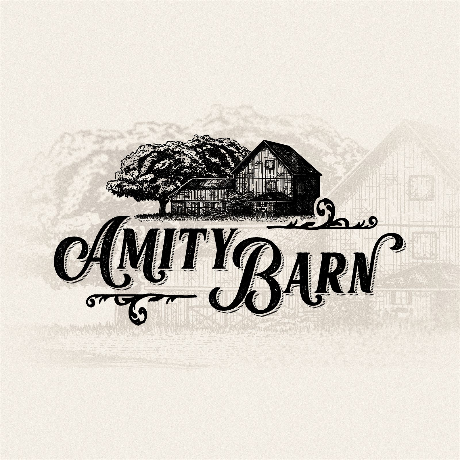 The primary Amity Barn logo, an etched barn and tree above custom script lettering on cream
