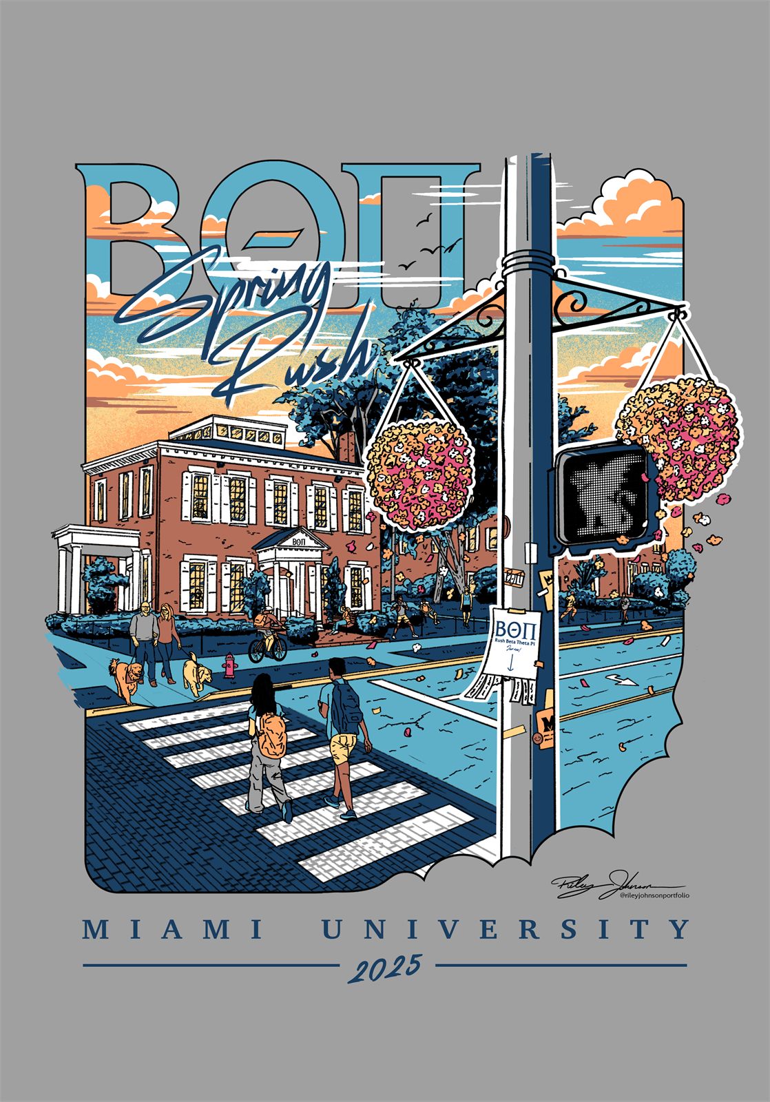 Back print artwork: an illustrated street scene of the Beta Theta Pi chapter house at Miami University, with students on a crosswalk, hanging flower baskets, and a rush flyer on the lamppost
