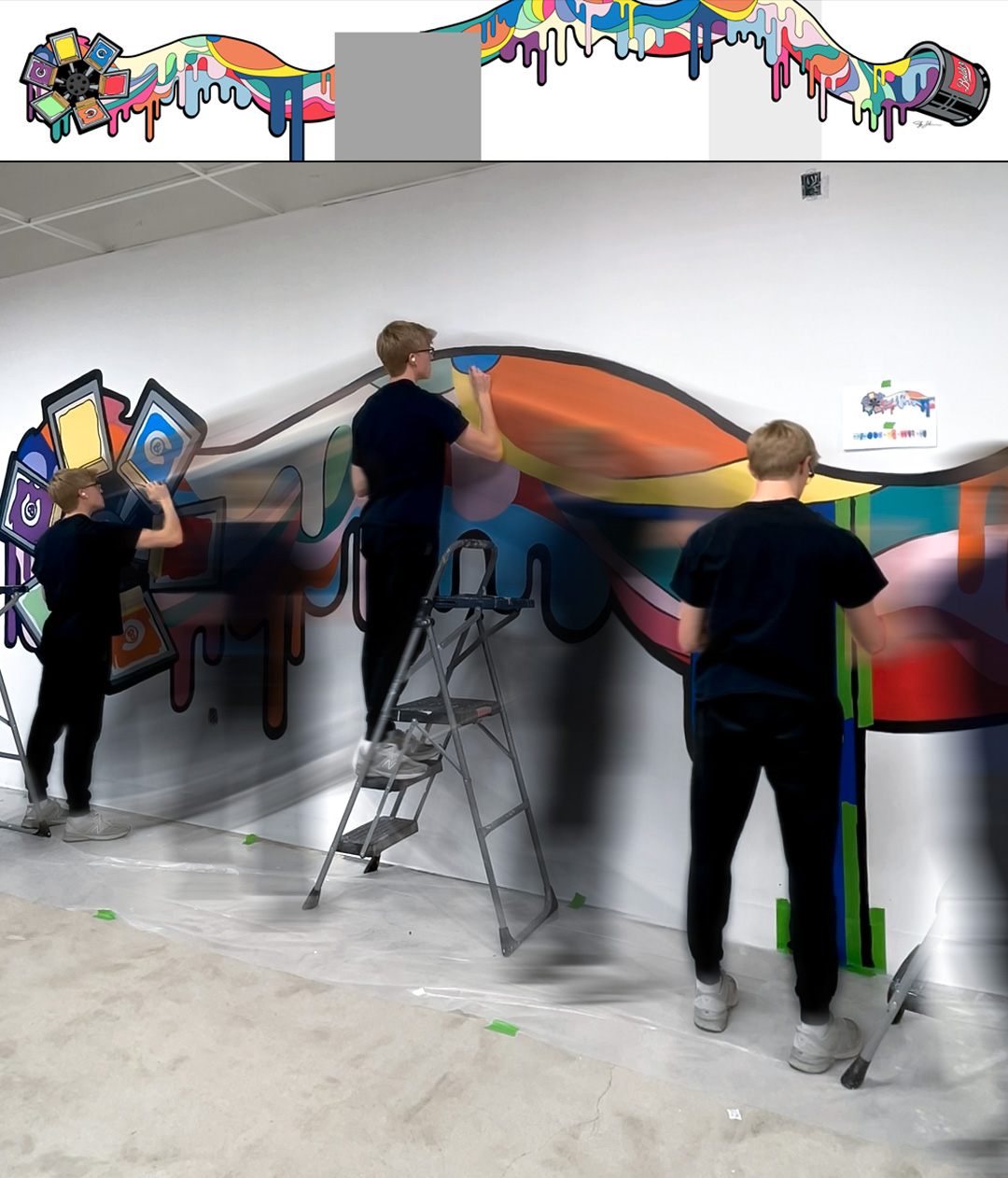 The digital design above a photo of the mural being blocked in on the shop wall