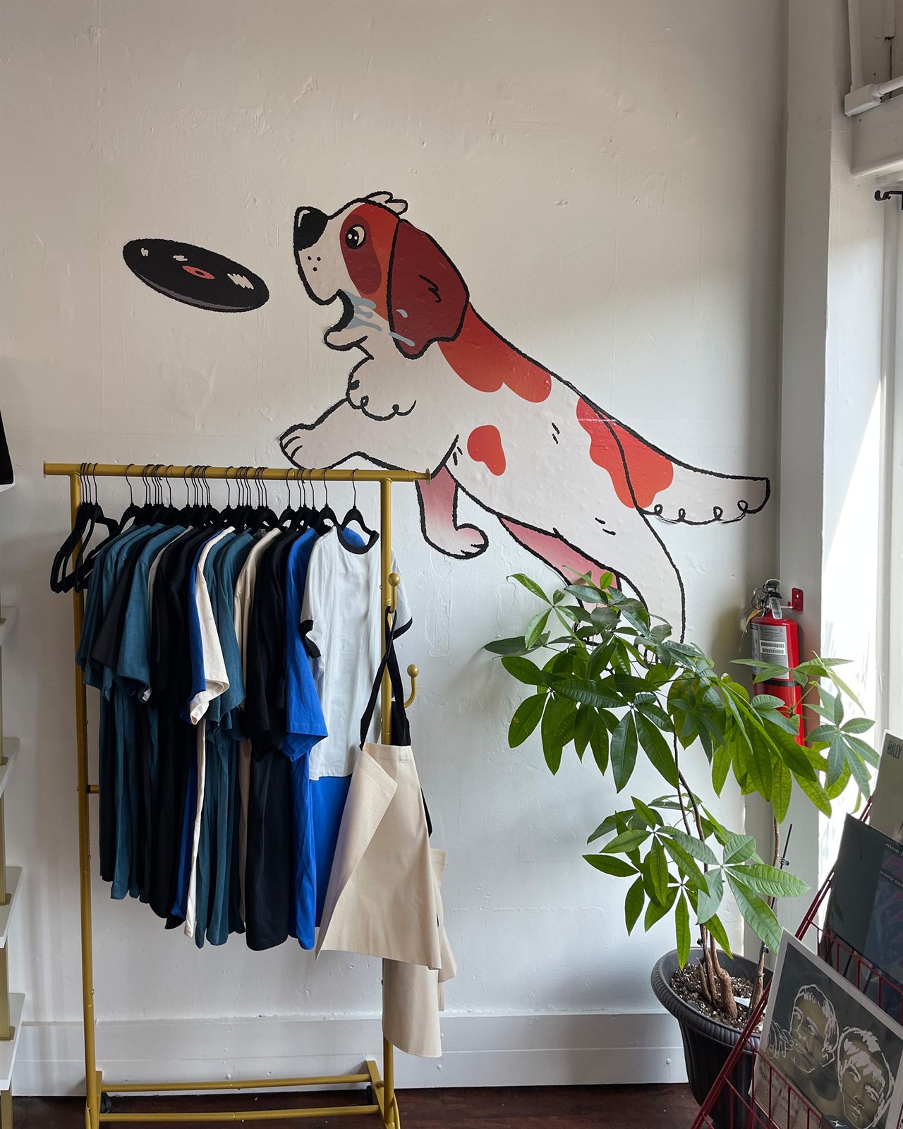 The St. Bernard mascot painted on an interior wall, leaping to catch a vinyl record above a rack of shop tees and totes