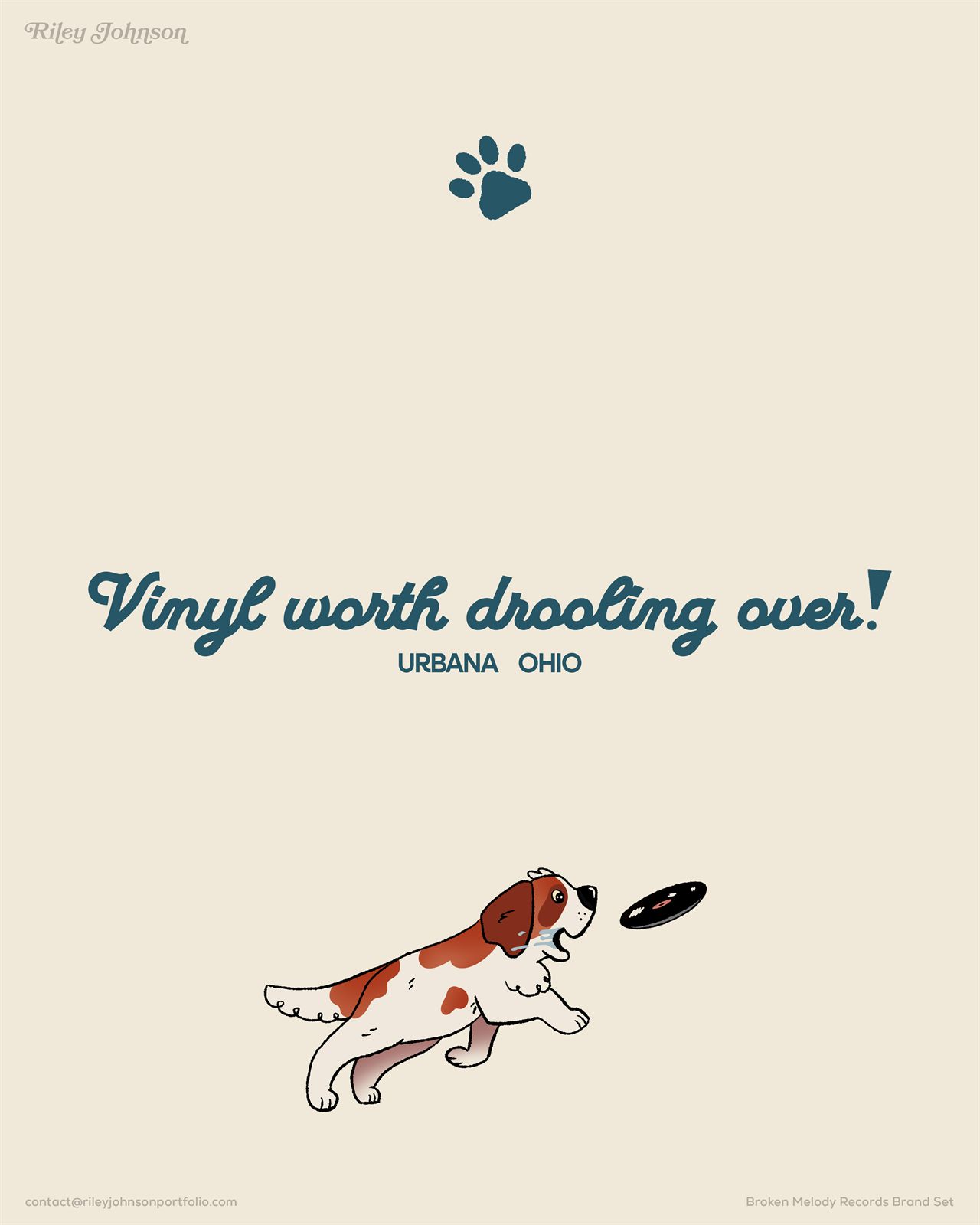 A page from the brand set showing the script tagline Vinyl worth drooling over above the illustrated St. Bernard chasing a record