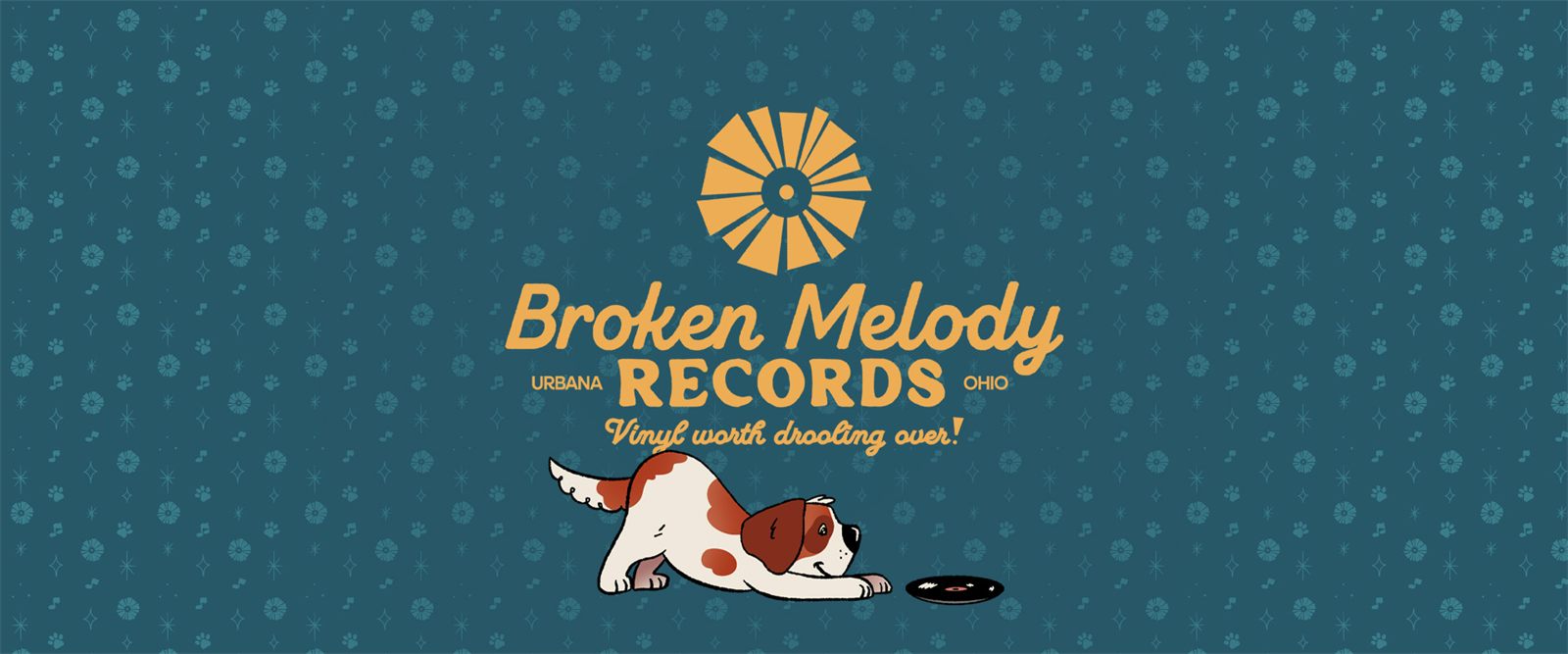 Brand banner with the record-sun logo, the tagline Vinyl worth drooling over, and the mascot crouched over a 45 on a patterned teal background