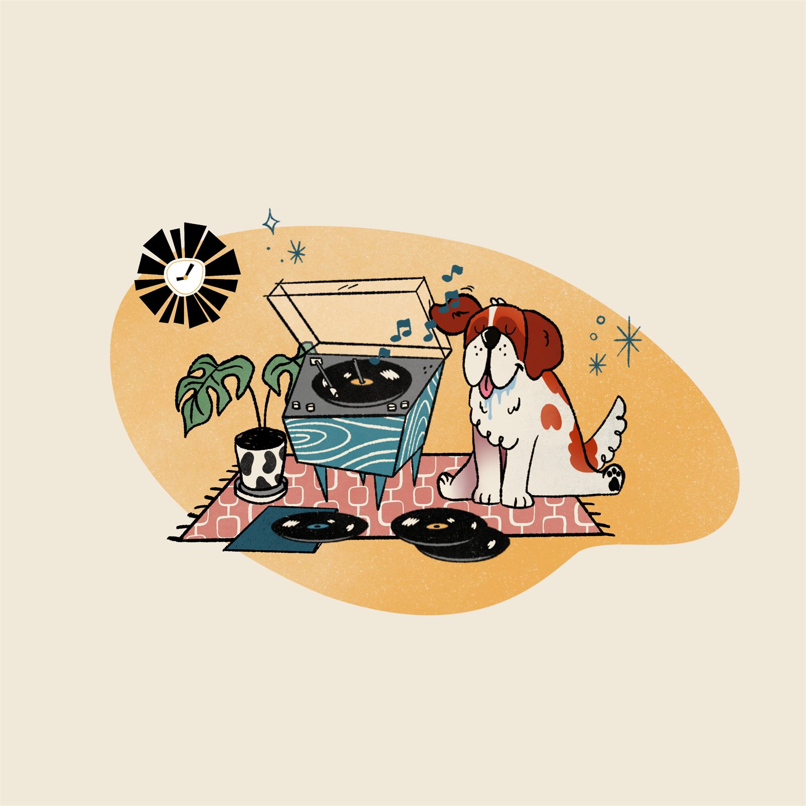 Illustration of the shop dog sitting beside a mid-century record player on a rug, drooling over a stack of vinyl