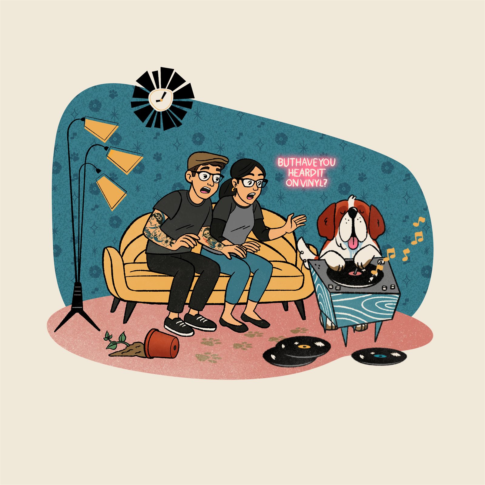 Illustration of a couple on a couch watching the shop dog spin a record, under a neon line reading But have you heard it on vinyl?