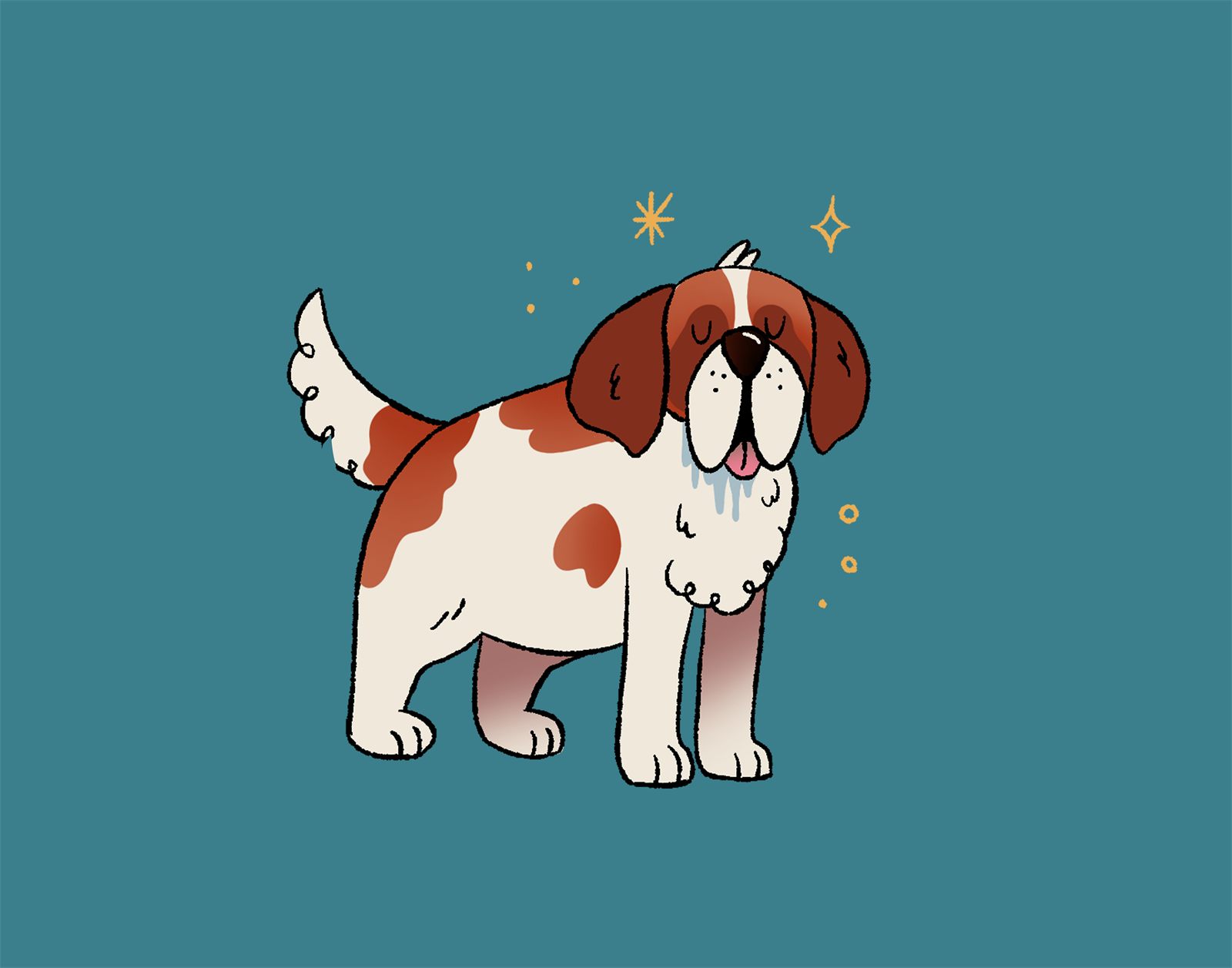 Standalone mascot illustration of the drooling shop dog on a teal background