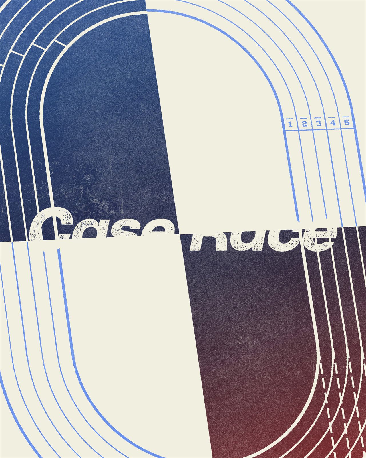 Case Race brand artwork with the wordmark breaking across a blue and red running track illustration