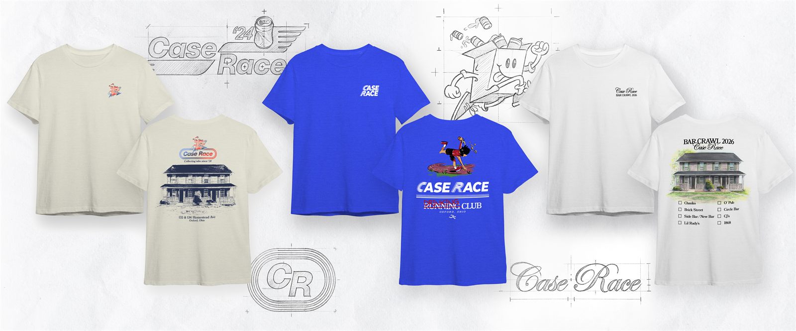 Lineup of Case Race tees over sketched logo concepts: a cream tee with the house back print, a blue running club tee, and a white bar crawl tee
