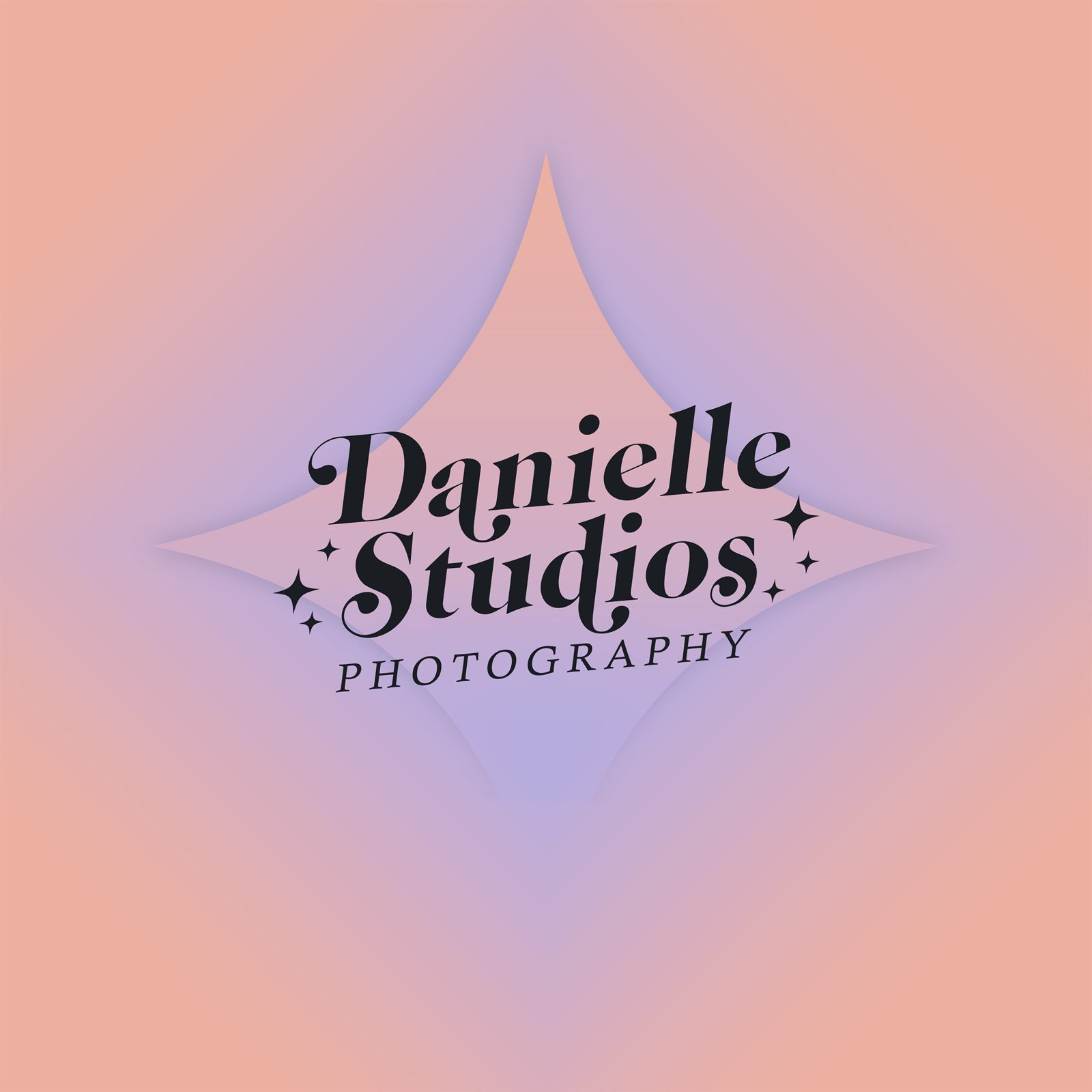 Danielle Studios primary logo, black retro lettering with sparkles inside a soft diamond on a peach and lavender gradient
