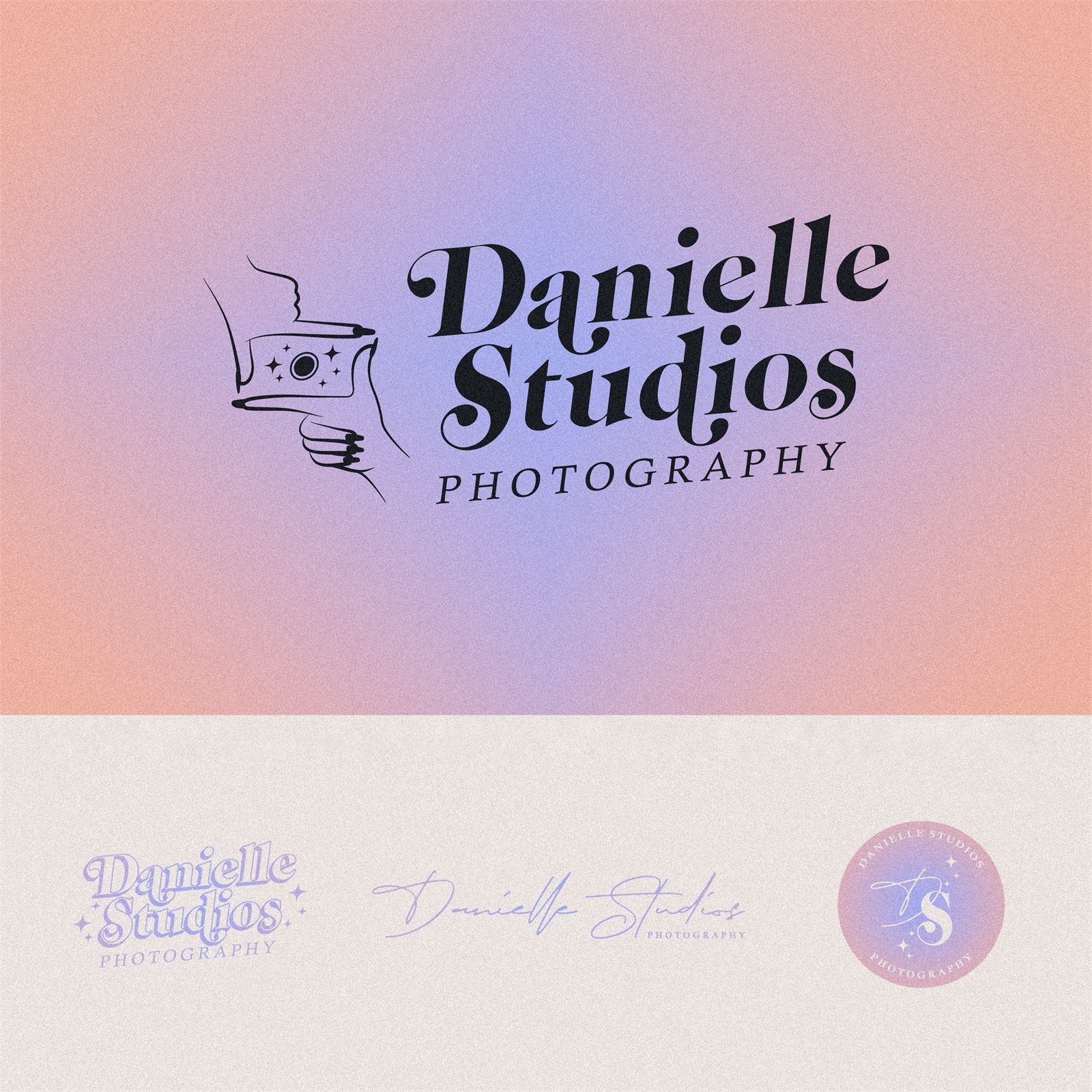 Danielle Studios brand sheet: the primary lockup with a camera line drawing on a peach and lavender gradient above three lavender secondary marks on cream, an outlined sparkle wordmark, a script signature, and a circular DS monogram