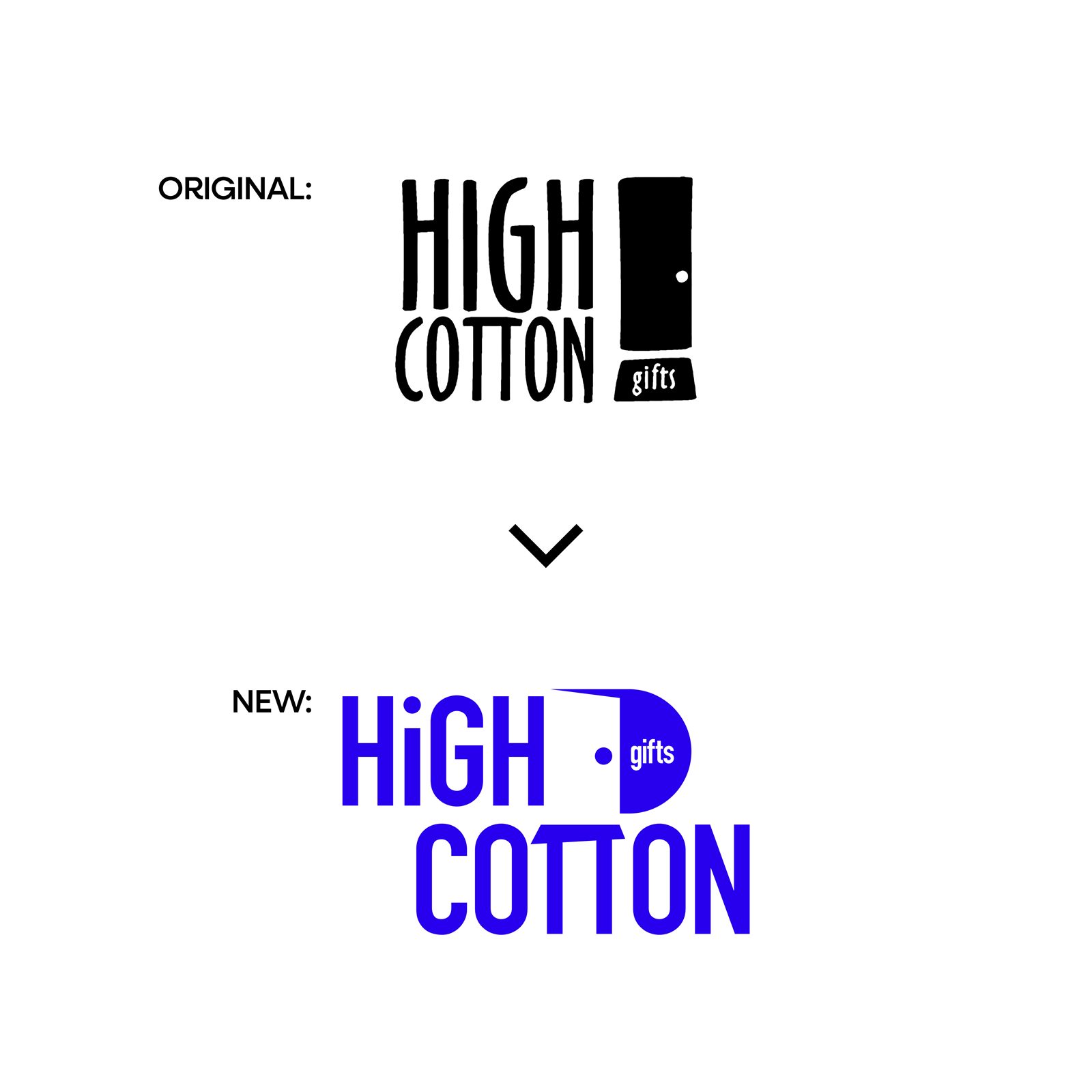 The original hand-drawn High Cotton logo above the rebuilt blue mark that replaced it