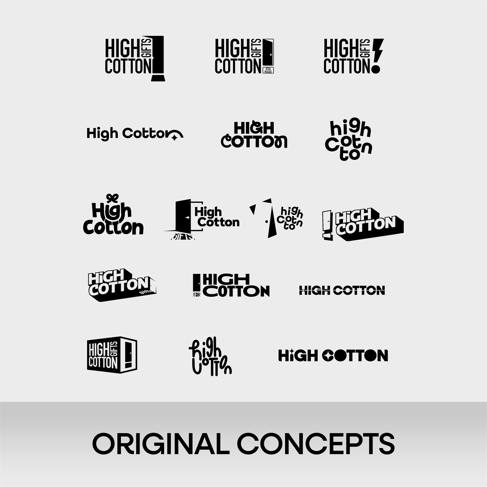 A sheet of black and white High Cotton logo concepts, from stacked wordmarks with door icons to loose hand-lettered scripts