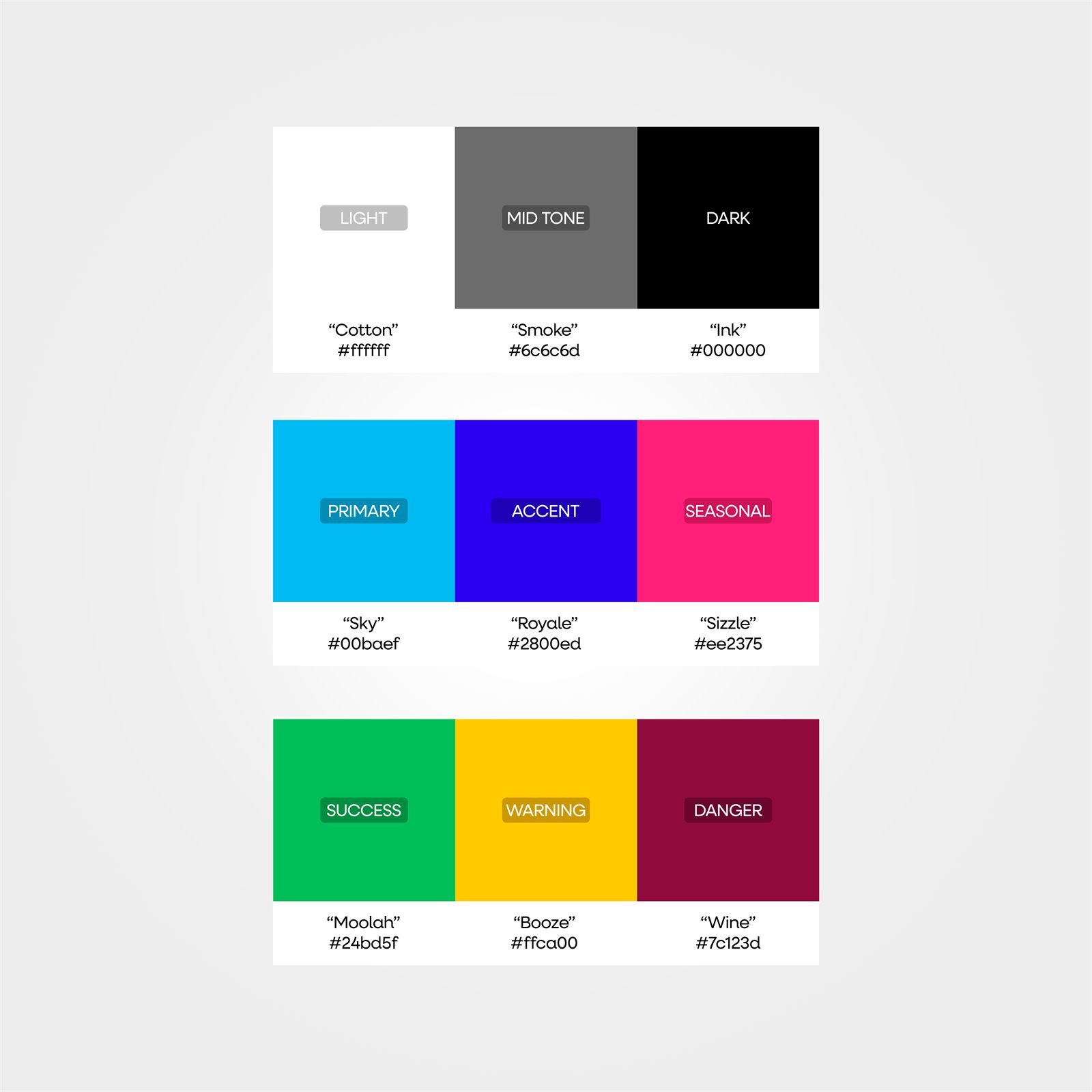 The High Cotton color palette key with nine named swatches including Sky, Royale, and Sizzle