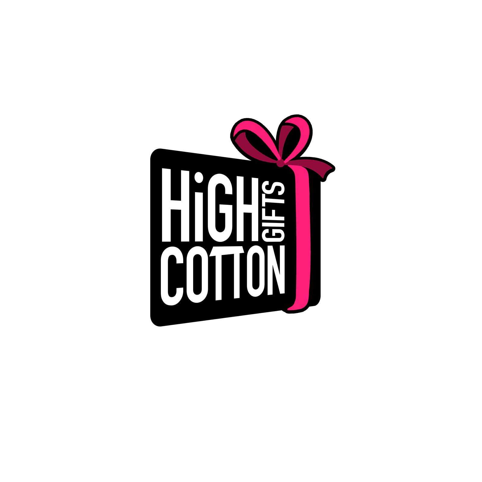 The seasonal High Cotton logo, the mark drawn as a black gift box wrapped with a pink ribbon and bow