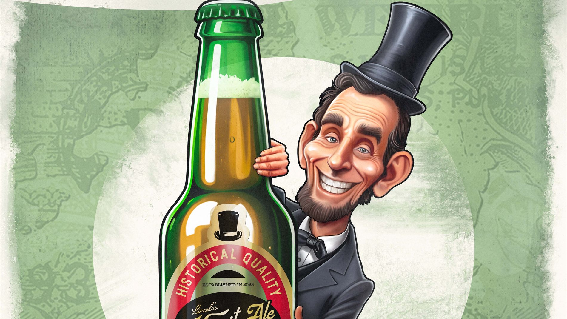 Illustration of a grinning Abraham Lincoln in a top hat holding an oversized green bottle wearing the Honest Ale label