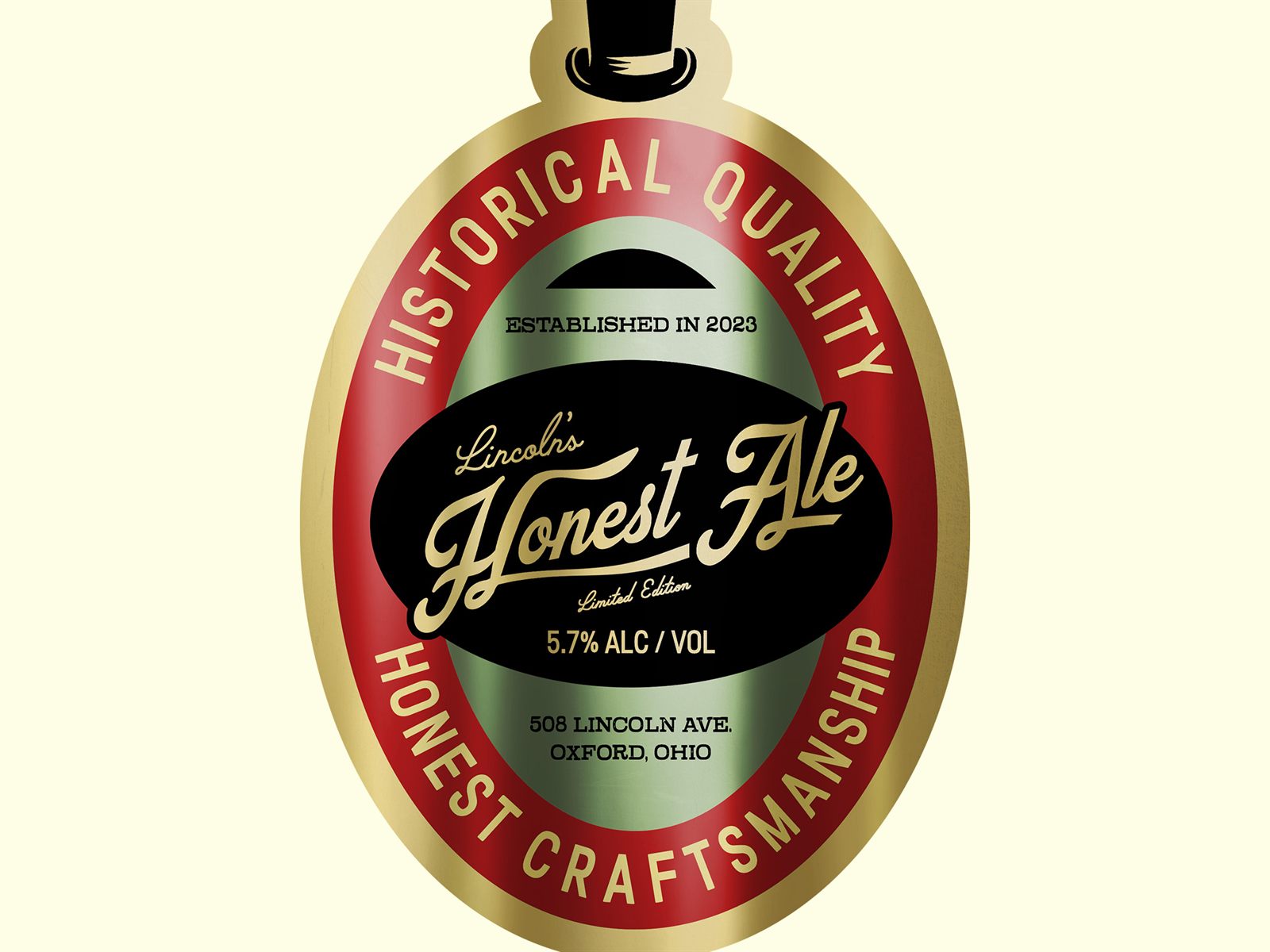 The oval Honest Ale label crest in red, gold, and black, with Historical Quality and Honest Craftsmanship lettered around the rim
