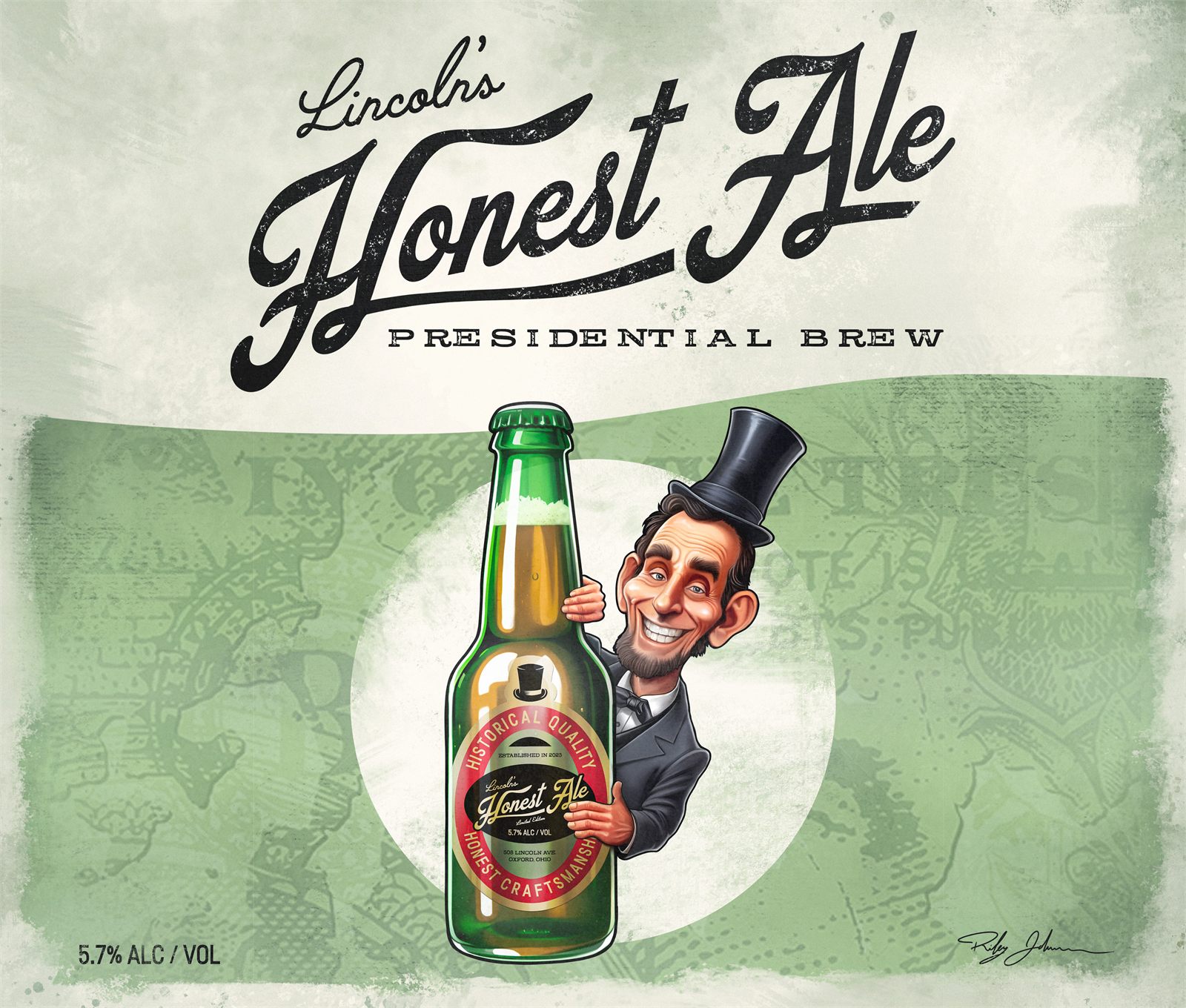 Lincoln's Honest Ale label art: a caricature of Abraham Lincoln in a top hat holding a bottle of the Presidential Brew