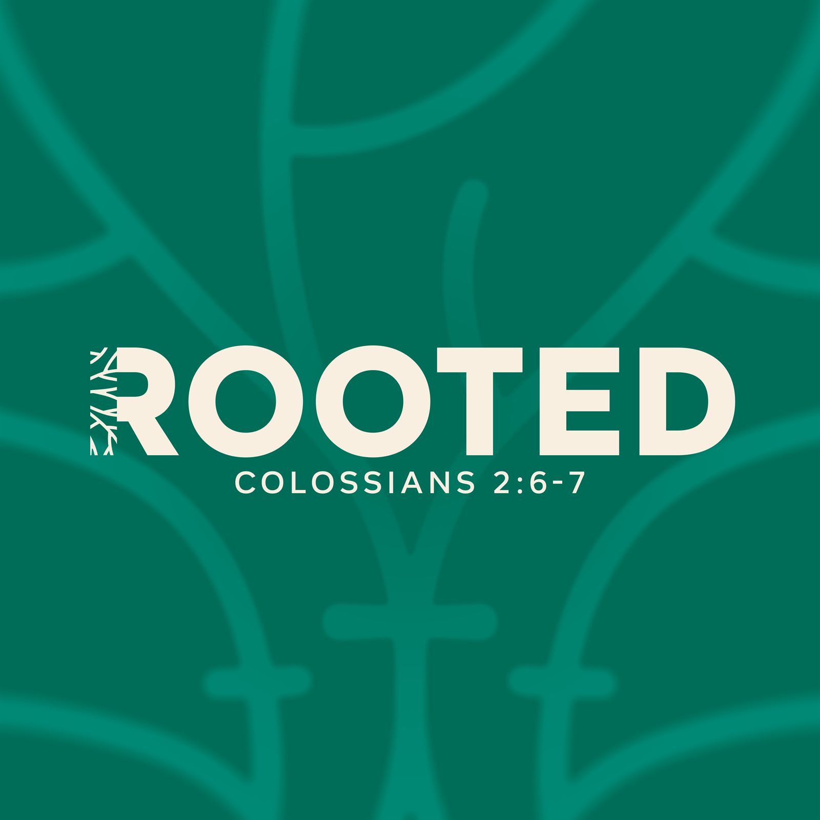The Rooted wordmark with Colossians 2:6-7 beneath it, the stem of the R dissolving into roots, set over the badge linework enlarged as a background pattern