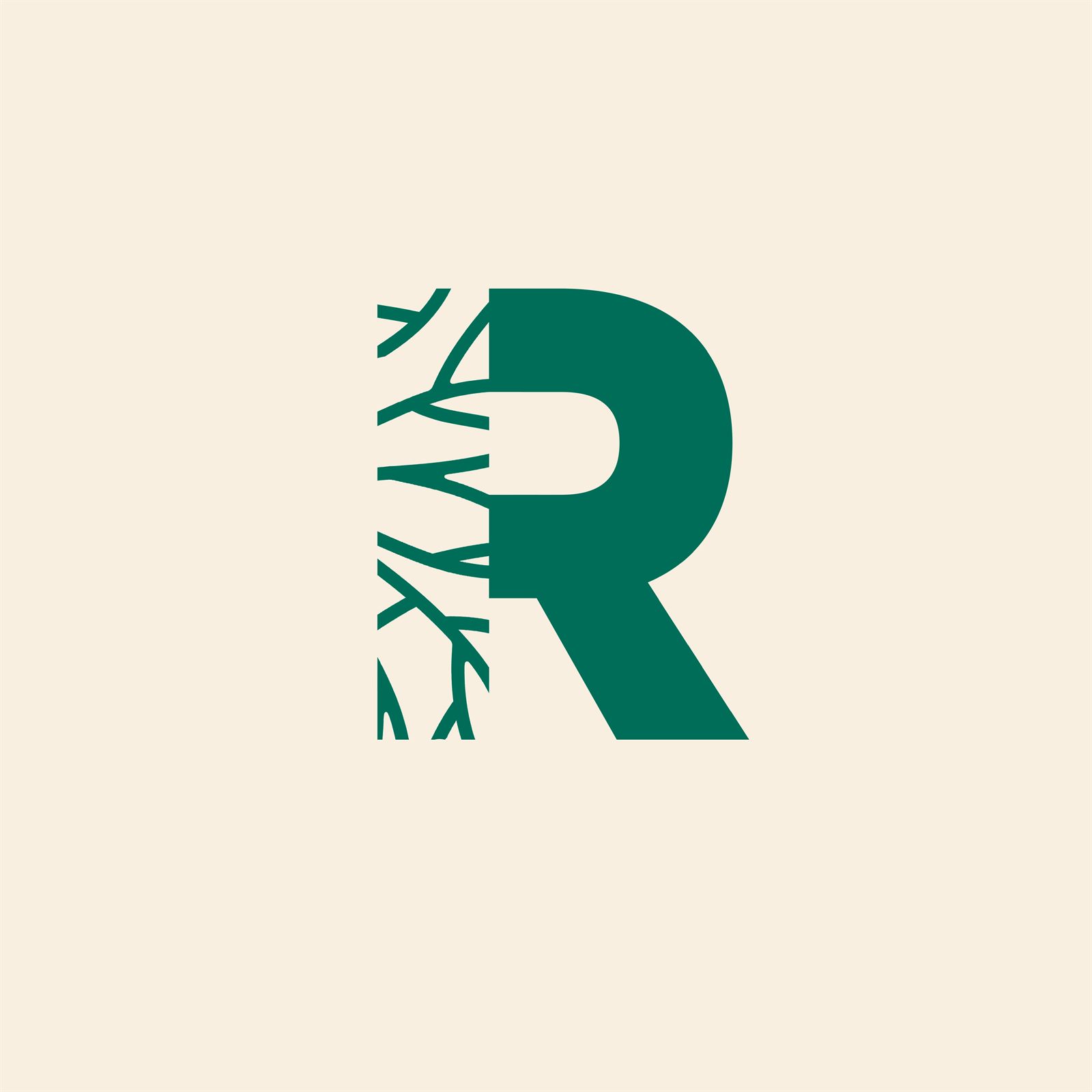 The Rooted monogram, a green capital R on cream whose left stem is drawn as branching roots