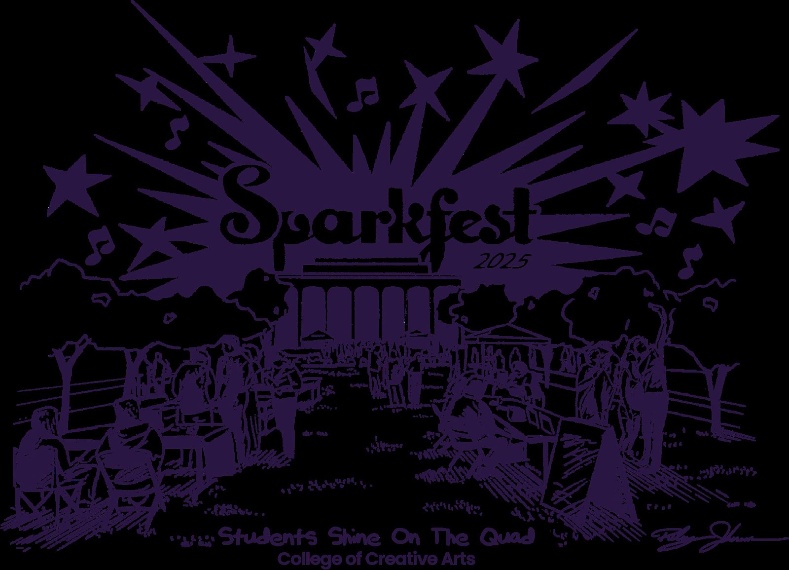 The full Sparkfest illustration in purple line work: a starburst over the quad with tents, lawn chairs, and the tagline Students Shine On The Quad