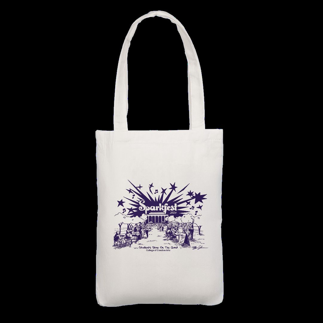 Natural canvas tote bag printed with the purple Sparkfest 2025 festival illustration