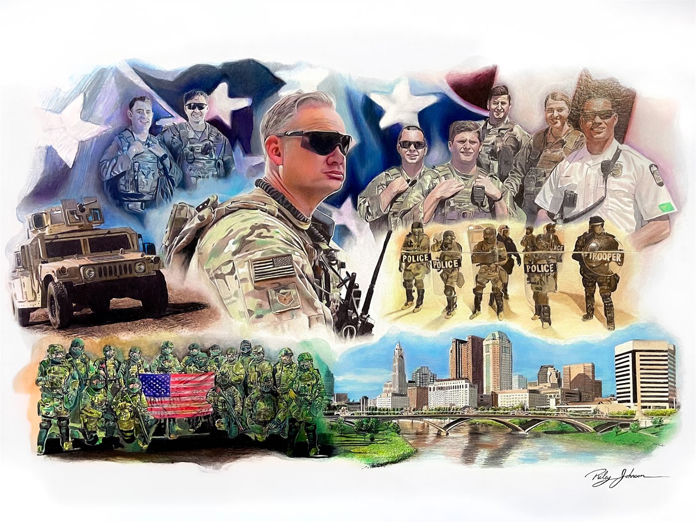 Painted tribute portrait of a soldier in camouflage, surrounded by his unit, an American flag, a Humvee, police officers, and the Columbus skyline