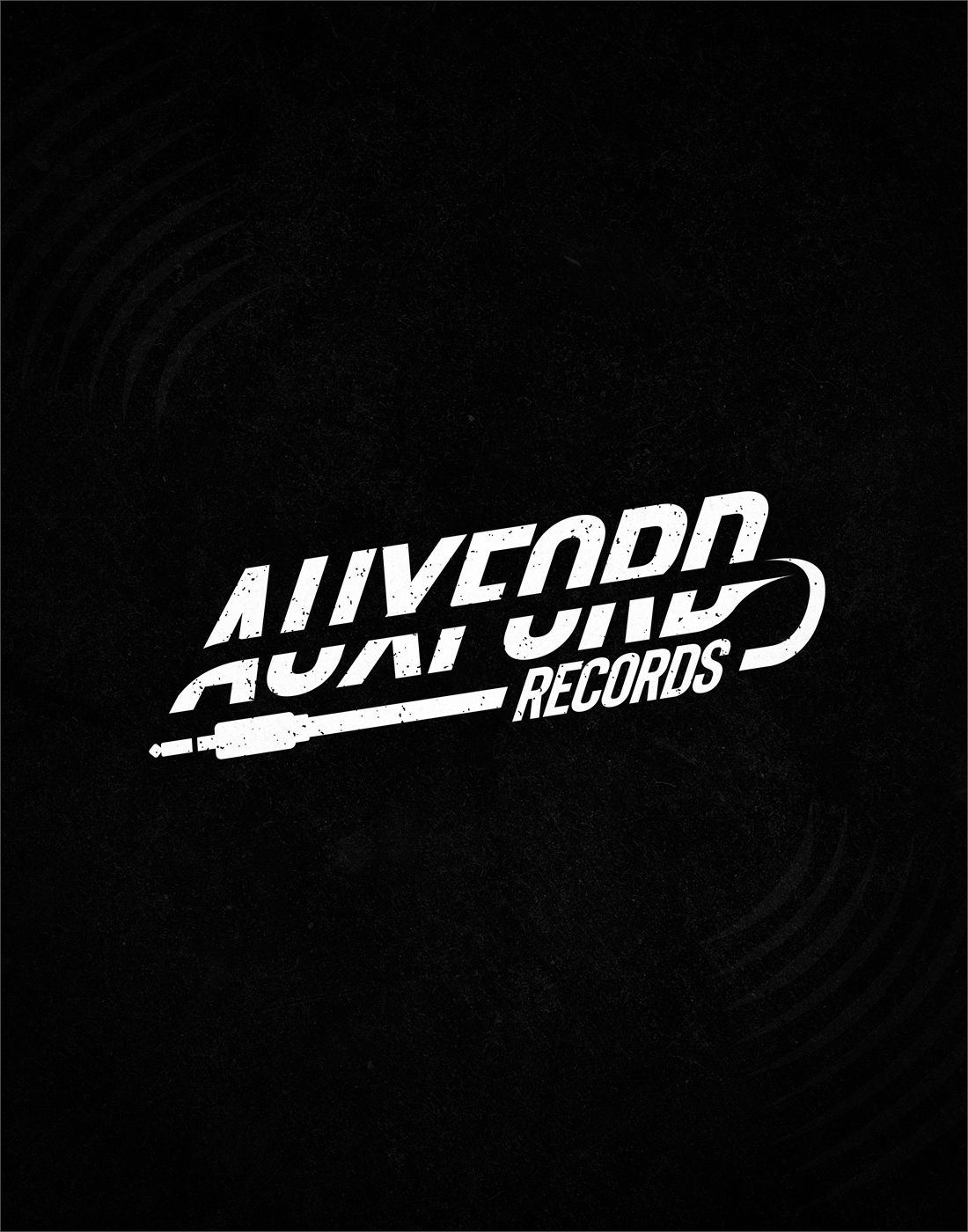 Auxford Records logotype in distressed white type with a mirrored reflection and an audio cable underlining it, set on black vinyl grooves