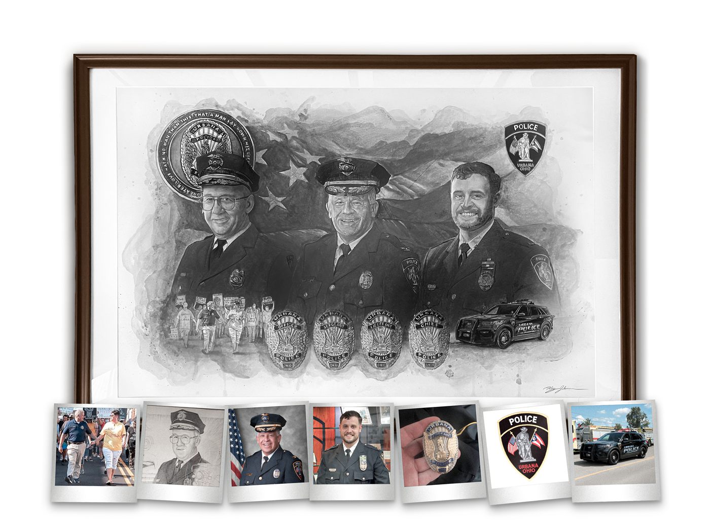 Framed retirement portrait of three police officers with badges and cruiser