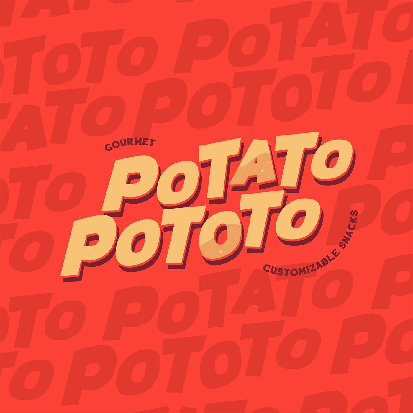 Potato Pototo logotype in cream on red with a repeating wordmark pattern