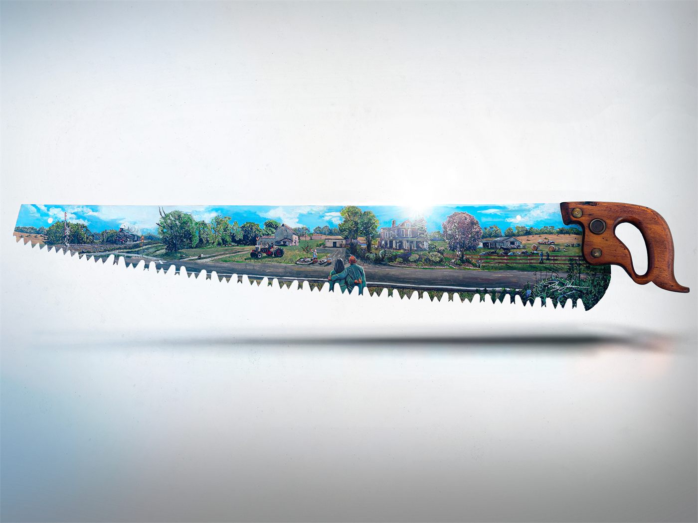 A hand saw with a farm scene painted along the blade: a couple on a country road looking toward a farmhouse, barn, tractor, and passing train
